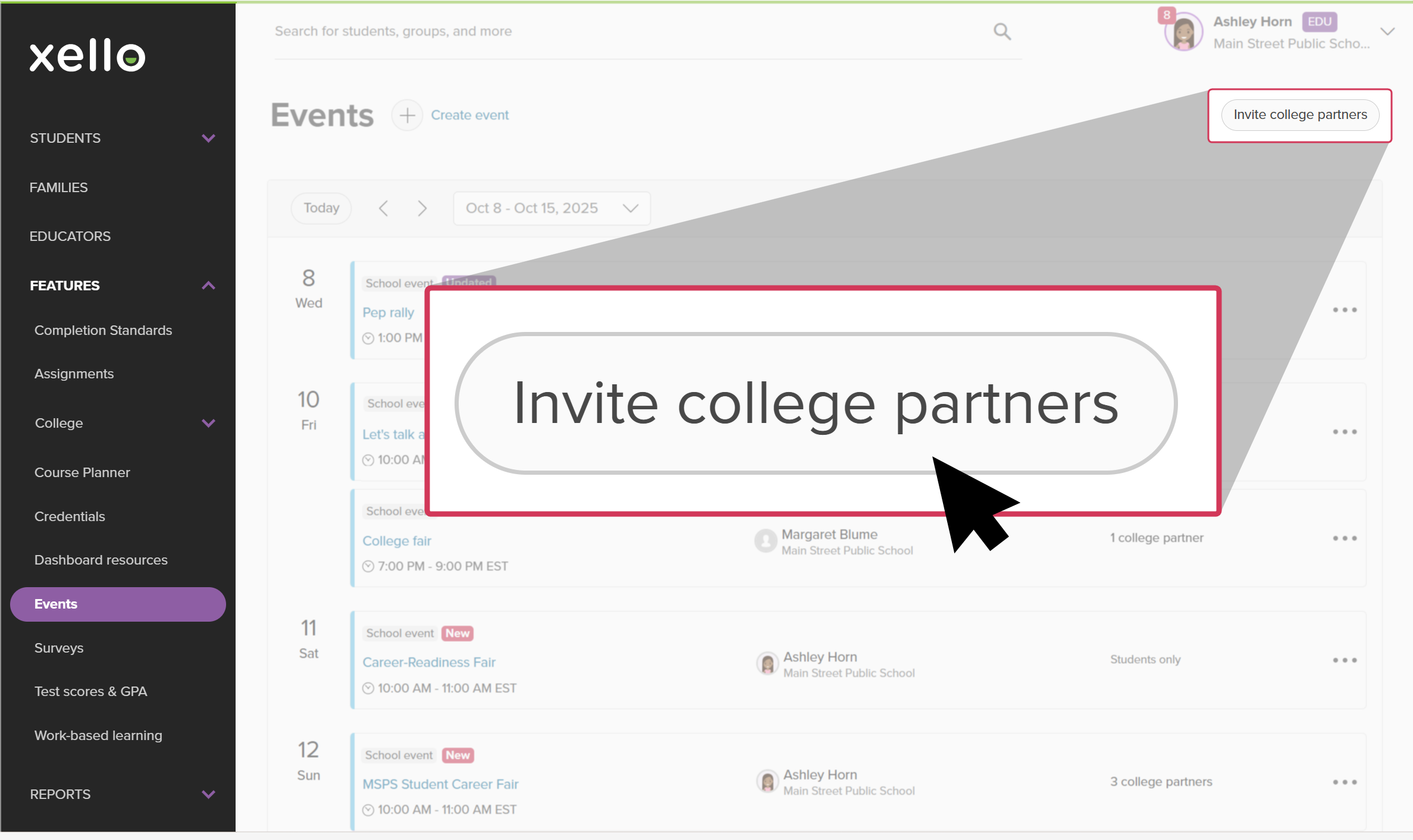 Educator account in Xello on the Events page. The cursor is clicking the Invite college partners button.